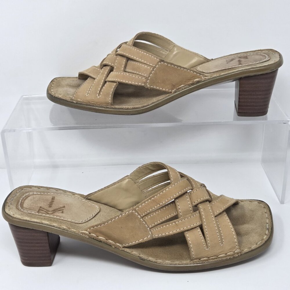 WHITE MOUNTAIN Tan Leather Block Heel Aruba Slides Sandals Womens 9 Coastal Boho